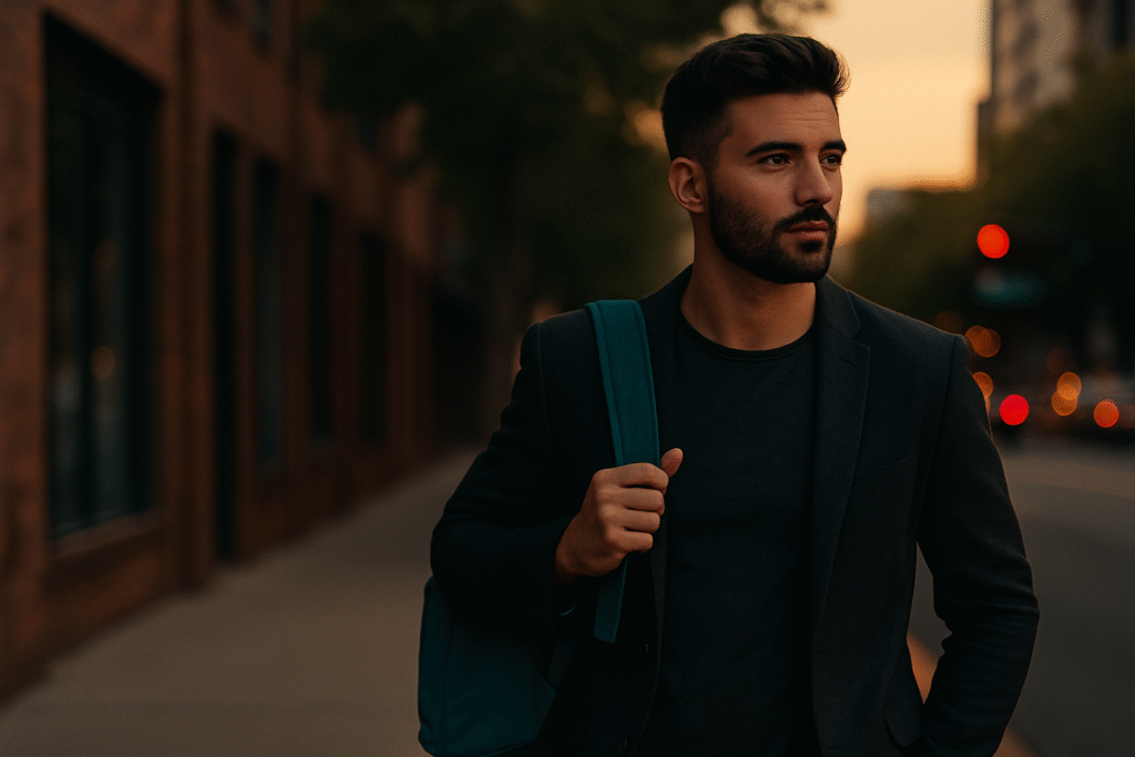 Homem estiloso caminhando na cidade usando look simples e moderno — exemplo de como se vestir bem gastando pouco