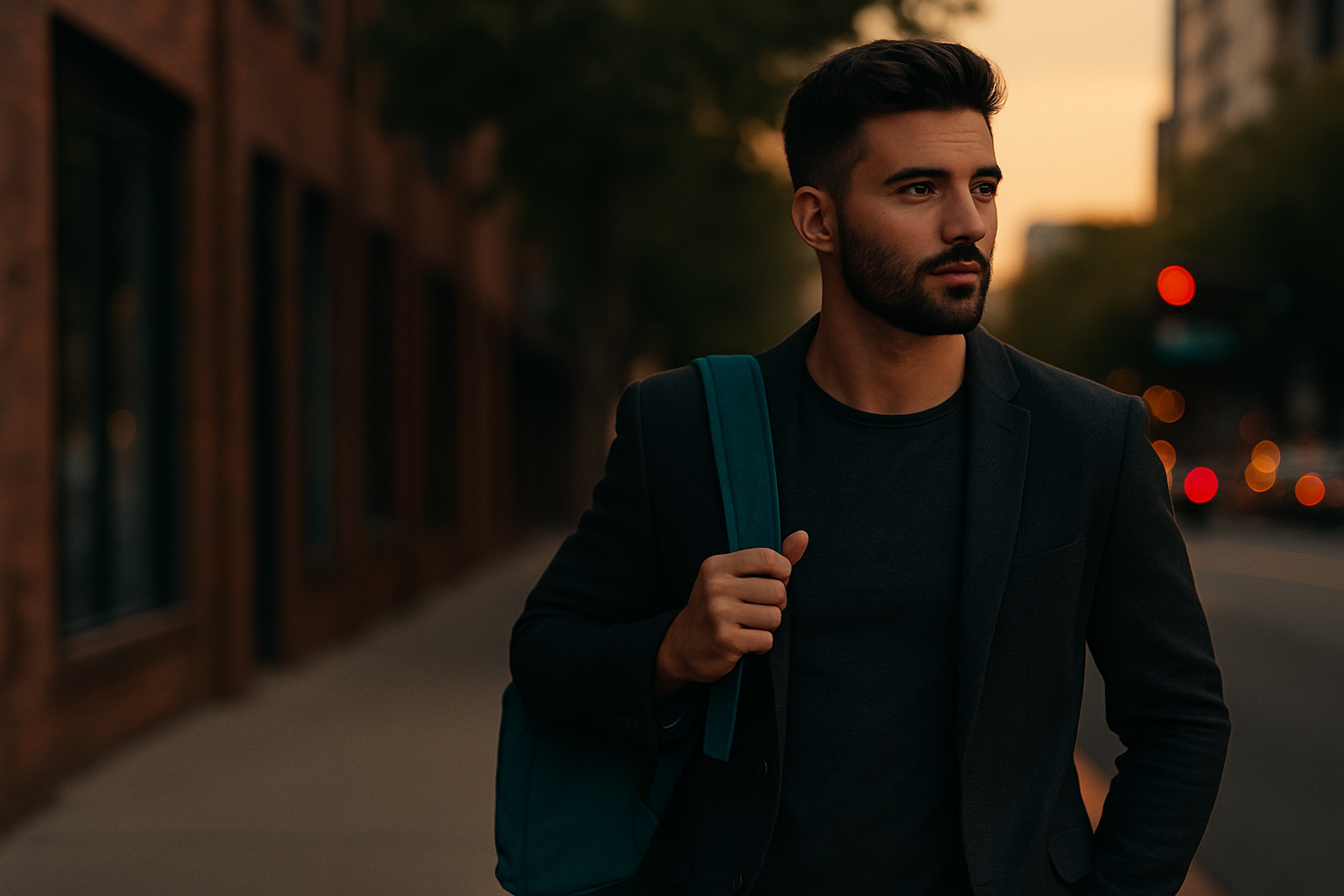 Homem estiloso caminhando na cidade usando look simples e moderno — exemplo de como se vestir bem gastando pouco