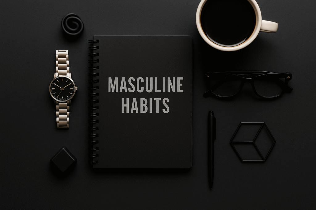 Caderno de hábitos masculinos com relógio, caneta, café e acessórios sobre mesa escura.