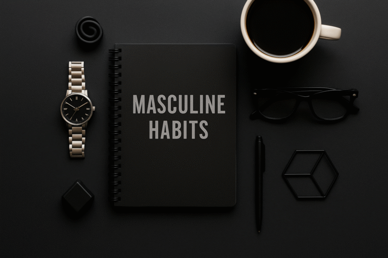 Caderno de hábitos masculinos com relógio, caneta, café e acessórios sobre mesa escura.