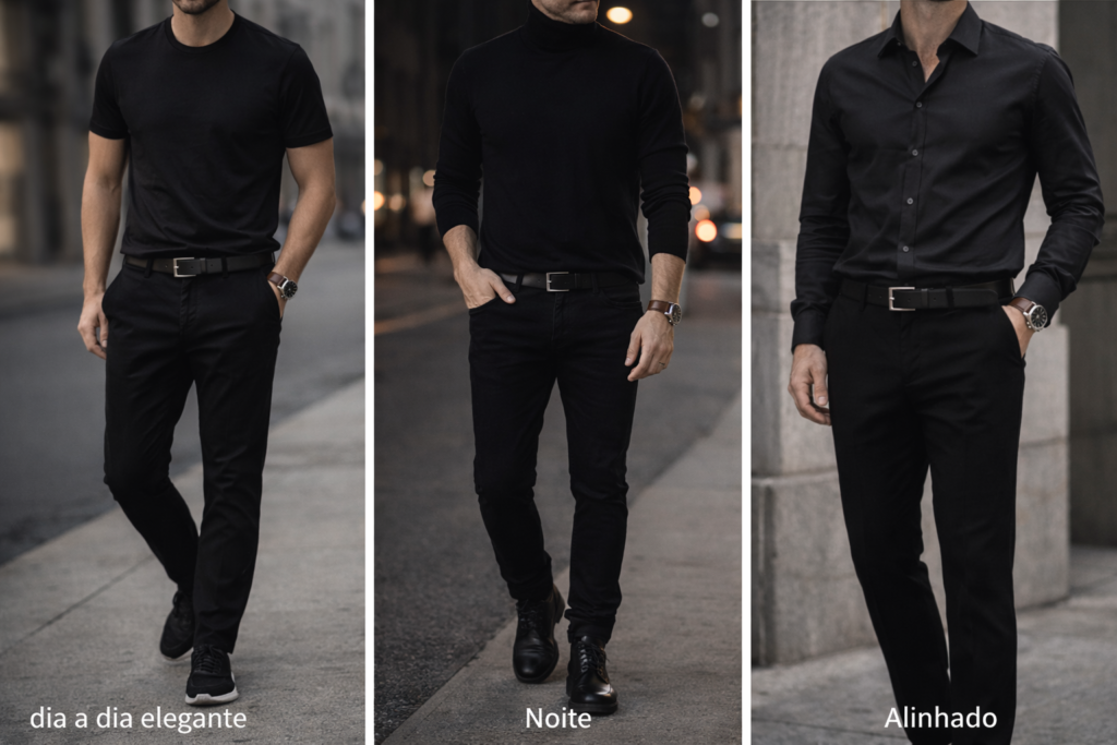 3 exemplos looks all black masculinos